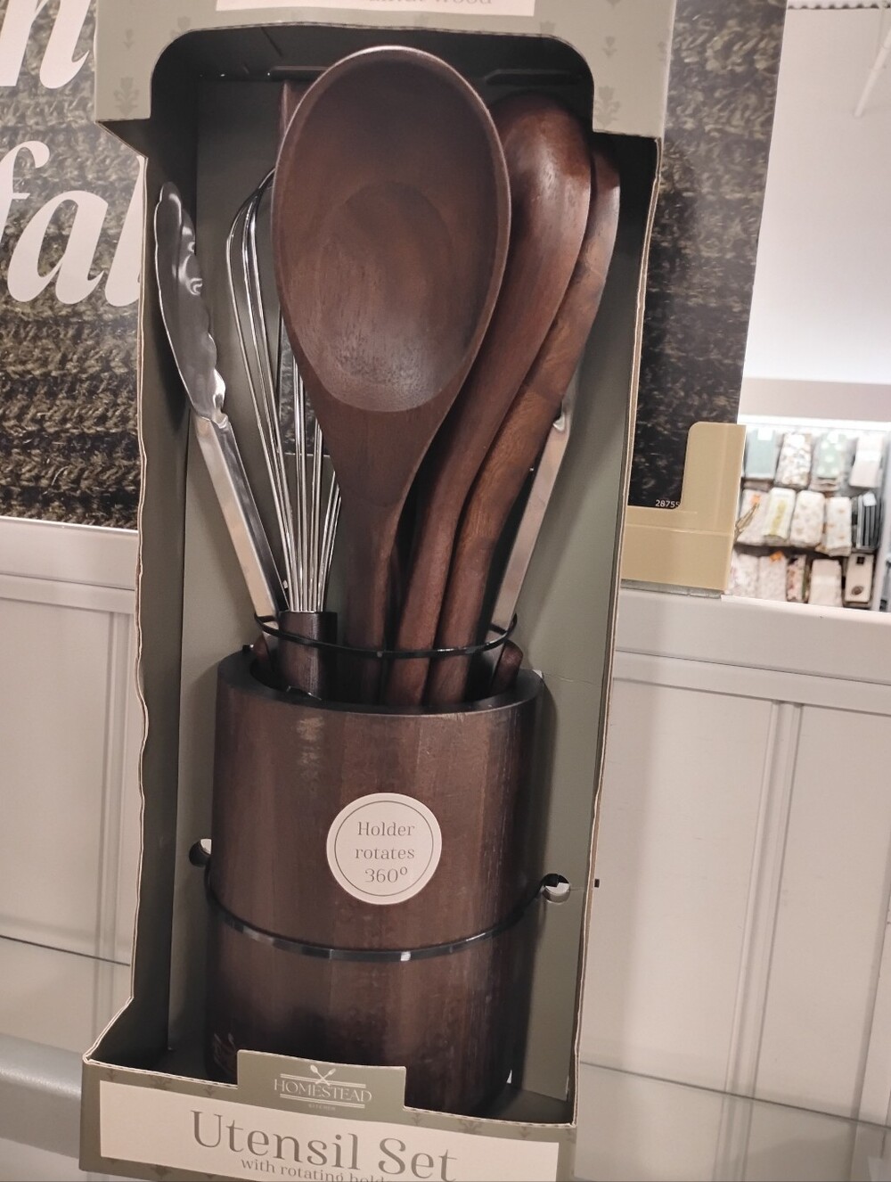 New Wooden Utensil Set in Dark Brown with Rotating Holder